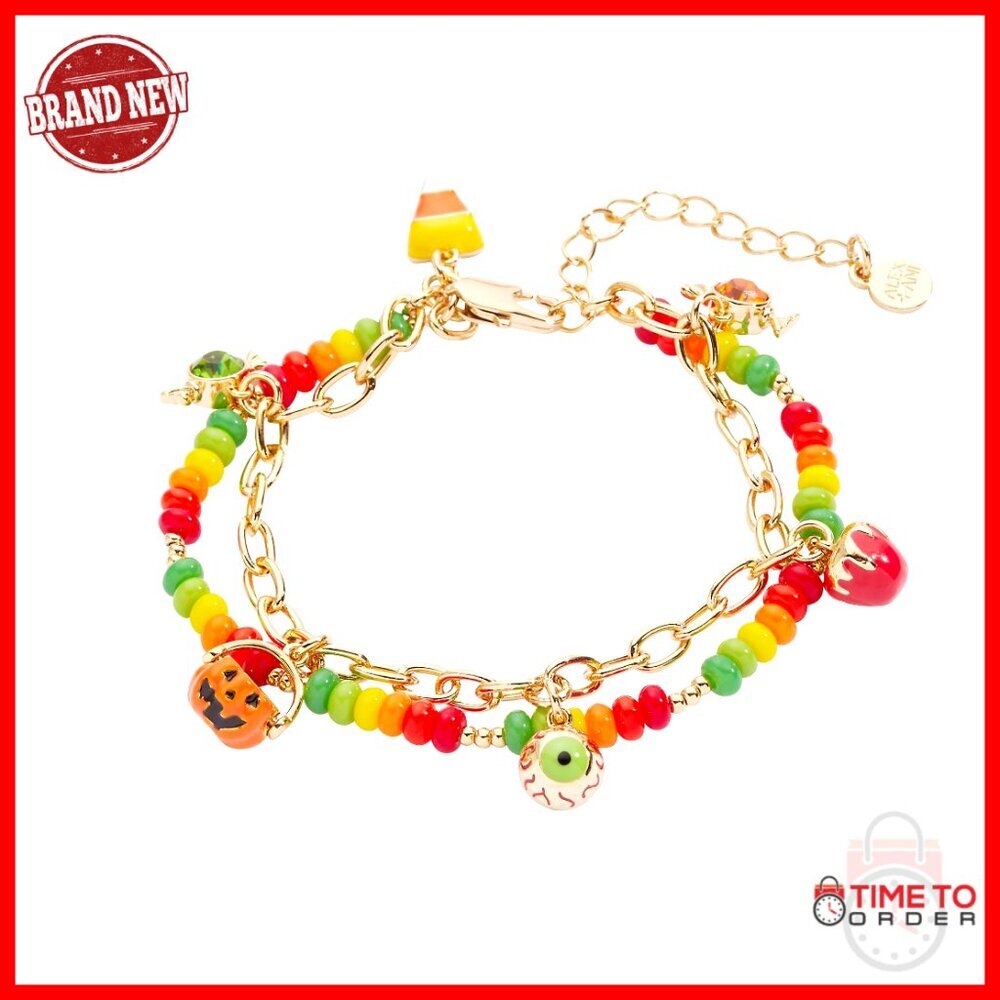 Adjustable Halloween Charm Bracelet with Crystals, Nickel-Free Brass